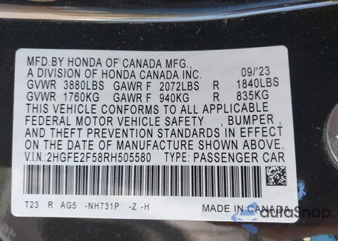 2024 Honda Civic Sport z USA, uszkodzony, nr VIN 2HGFE2F58RH505580
